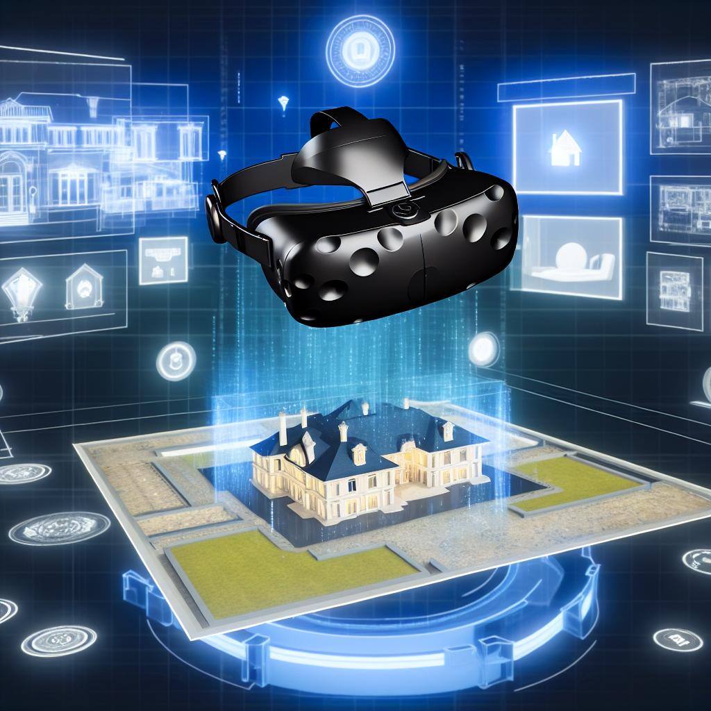 AI's interpretaion of real estate: A sleek, modern virtual reality headset displaying a 3D model of a luxury home with detailed information and interactive features.